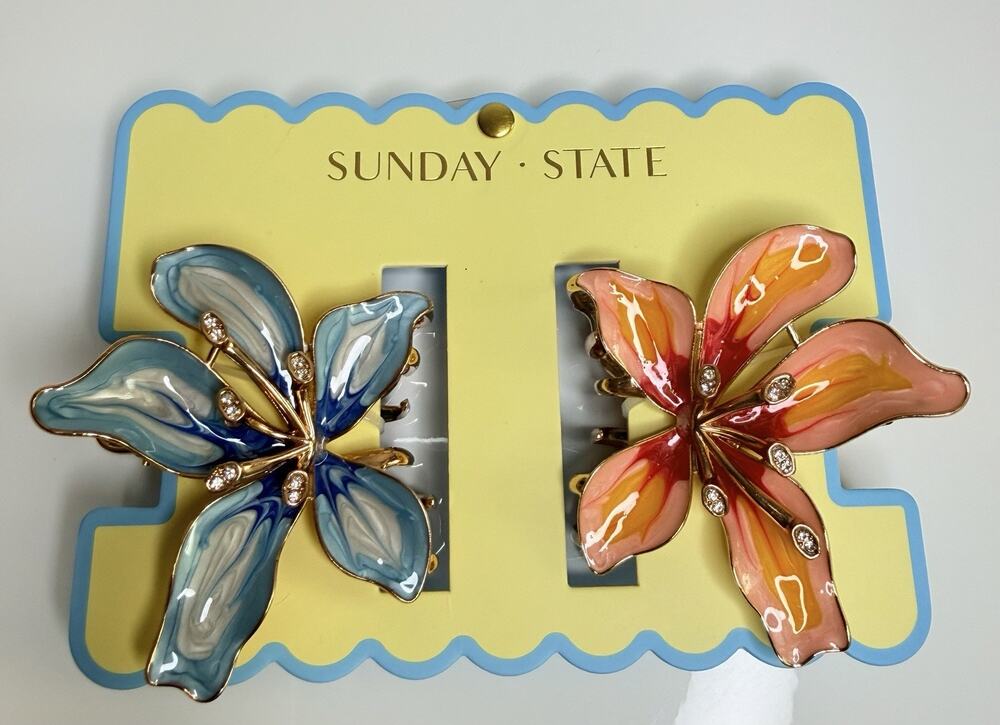 Sunday State Hair Clips Flowers Metal Pink/red/Blue Set Of 2 New Gift Women's